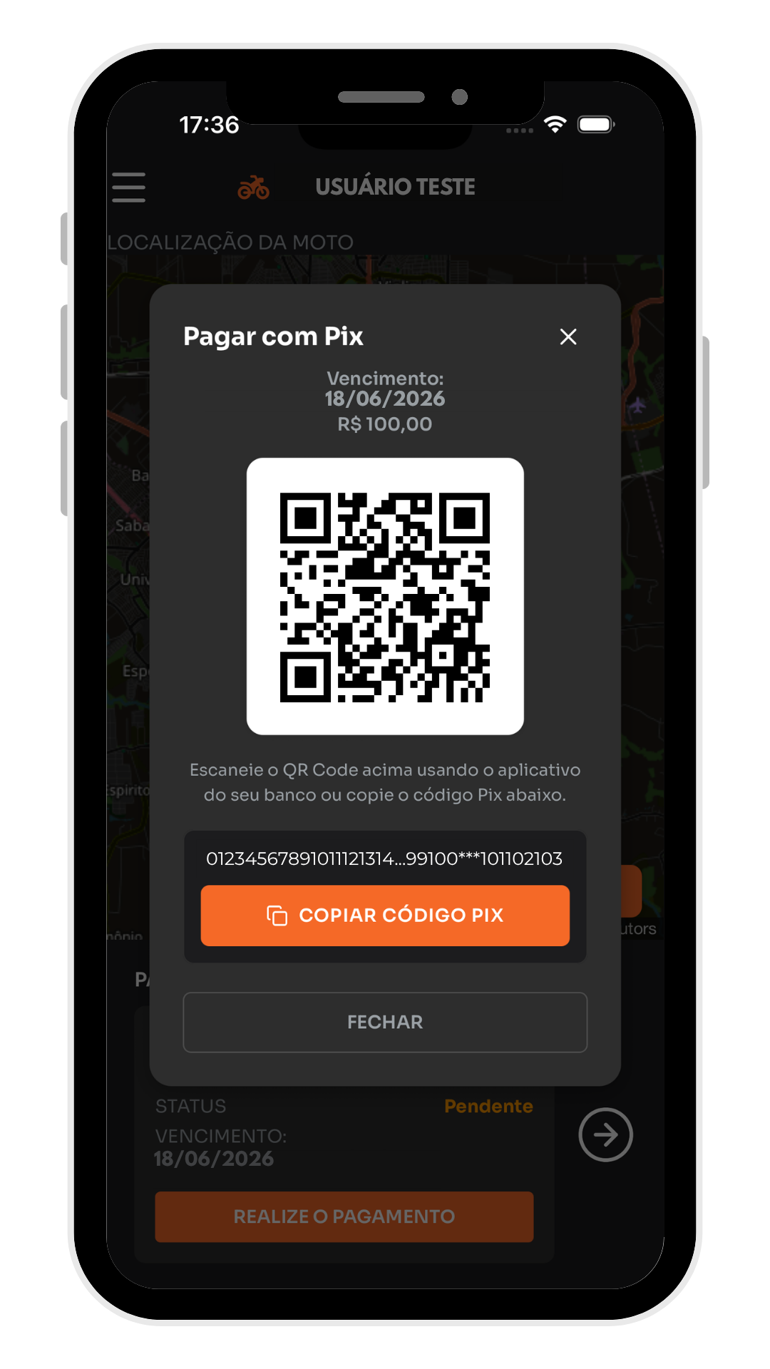 Pagamento via Pix no aplicativo